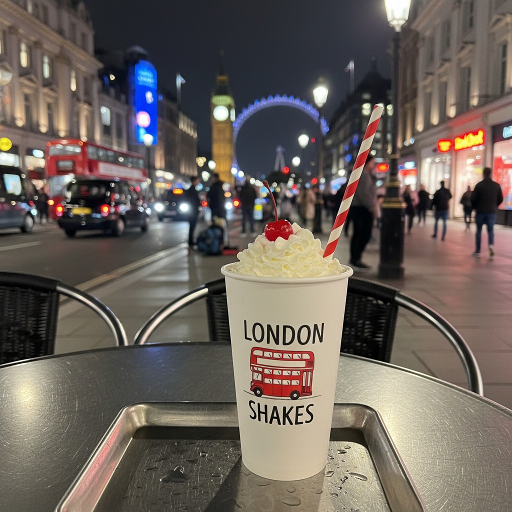 A paper cup of London Shakes with whipped cream, a cherry, and a red-and-white striped straw stands on an outdoor table against a backdrop of central London at night.