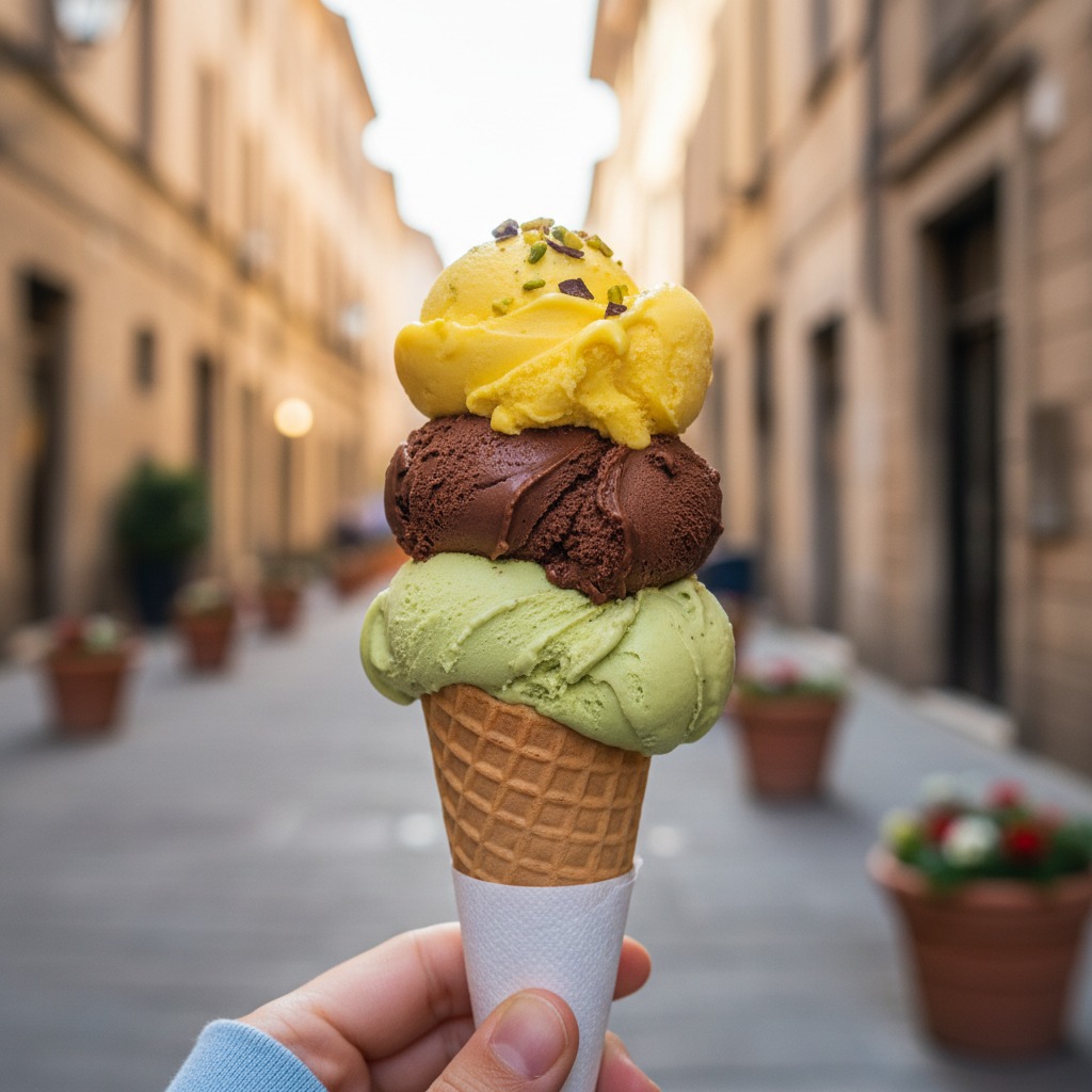 A hand holds a waffle cone stacked with three scoops of gelato in yellow, brown, and green, against a blurred street background.